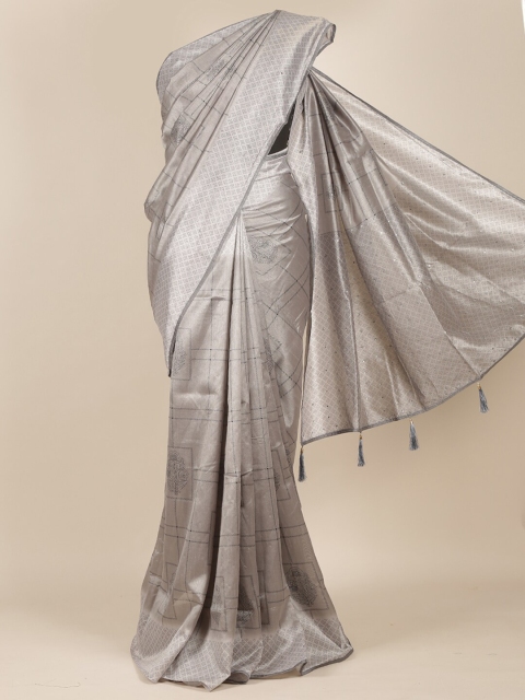 Pothys Grey & Black Checked Zari Cotton Blend Saree