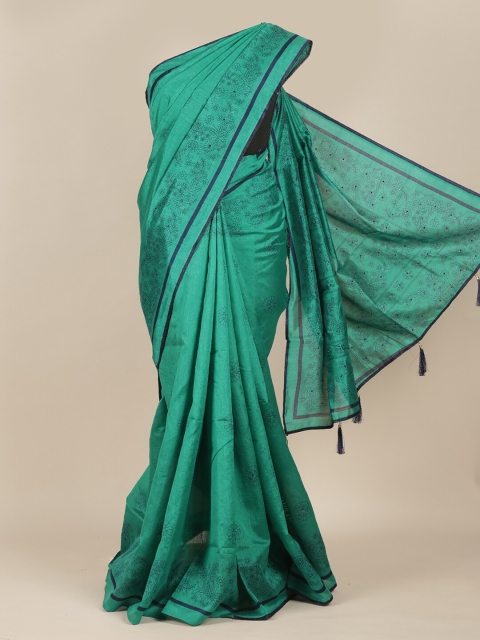 Pothys Green & Navy Blue Floral Cotton Blend Saree