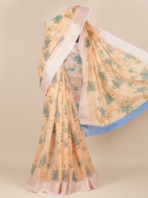 Pothys Peach Floral Jute Silk Saree