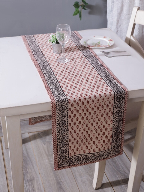 RANGDESI Off-White & Maroon Bagh Handblock Printed Cotton Table Runner