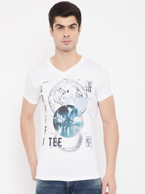 Duke Men White Printed V-Neck Raw Edge T-shirt