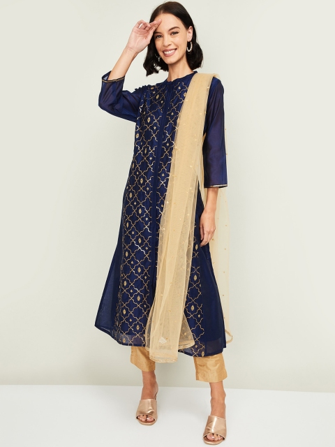 Melange by Lifestyle Women Navy Blue Printed Kurta with Trousers & With Dupatta