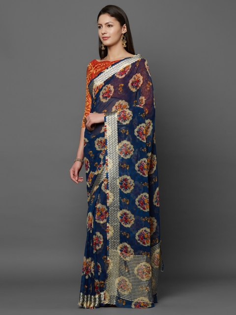 Mitera Navy Blue & Red Floral Zari Saree