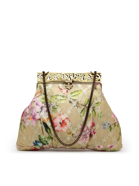 PRACCESSORII Beige & Green Printed Purse Clutch