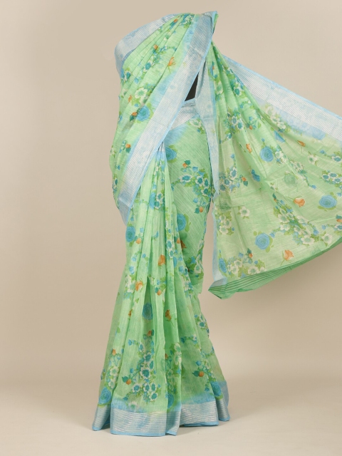 Pothys Green & Blue Floral Jute Silk Saree