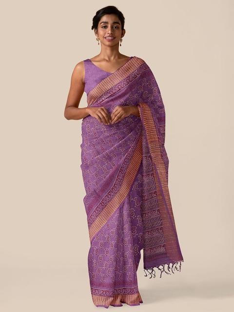 Taneira Violet & Maroon Paisley Printed Nouveau Linen Saree