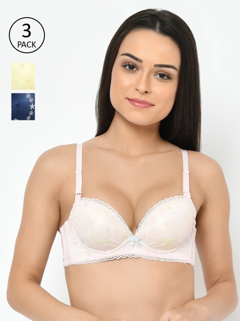 Cosmo Lady Pack of 3 Half Coverage Underwired Heavily Padded Push-Up Bra, Pink