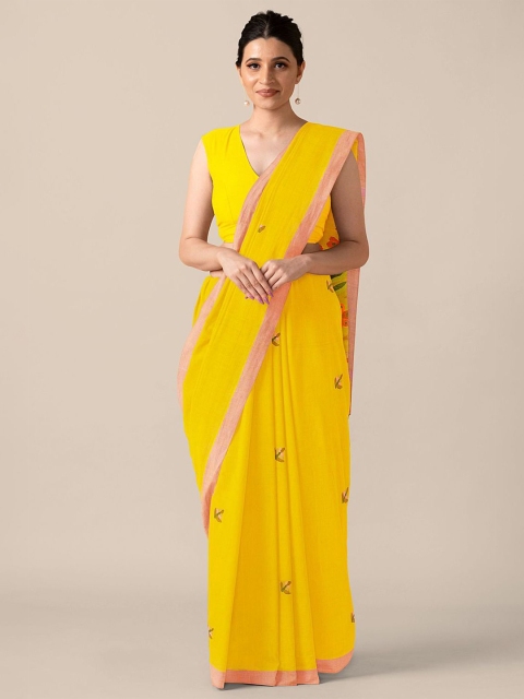 Taneira Yellow & Pink Floral Pure Cotton Saree