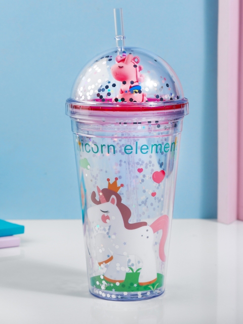 Bigsmall White & Pink Unicorn Sparkle Printed Sipper Bottle With Straw