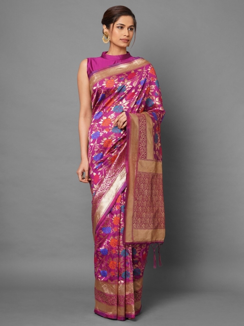 Mitera Pink & Blue Floral Zari Silk Blend Banarasi Saree