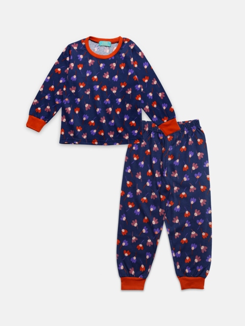Tiara Girls Navy Blue Printed Cotton Night Suit