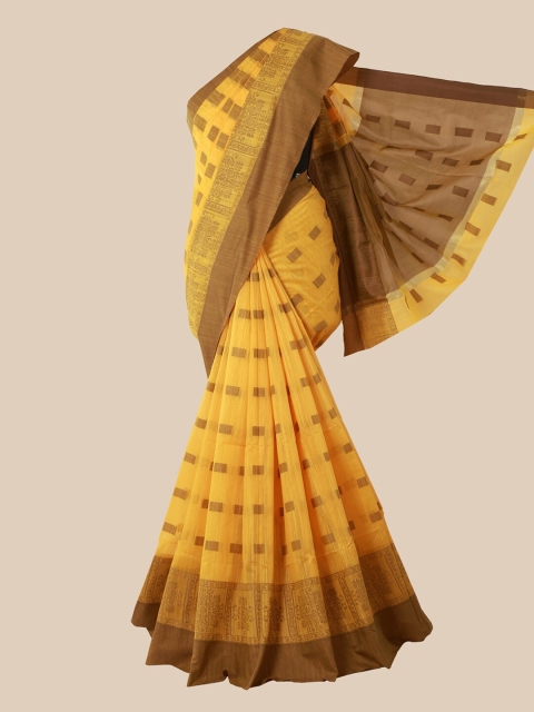 Pothys Yellow & Brown Floral Printed Saree