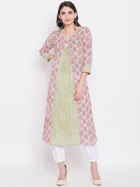 One of a Kind Pink & Green Floral Printed Pure Cotton Kurti