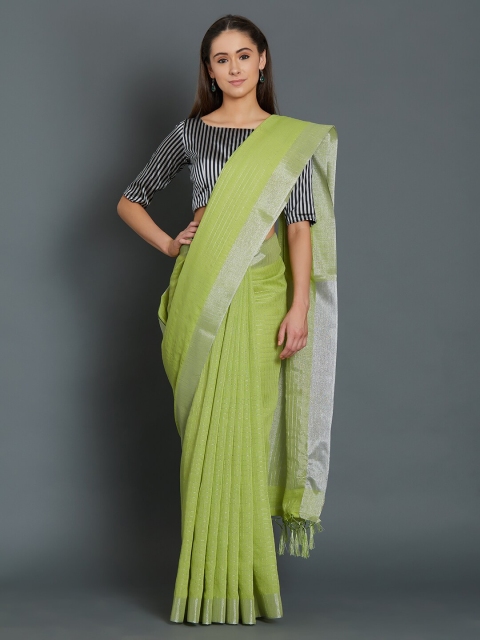 Mitera Green & Silver-Toned Checked Zari Linen Blend Saree