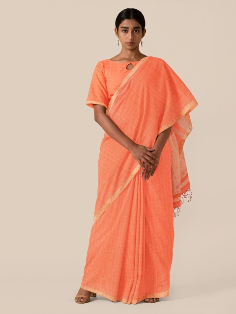 Taneira Orange & Gold-Toned Checked Pure Cotton Saree