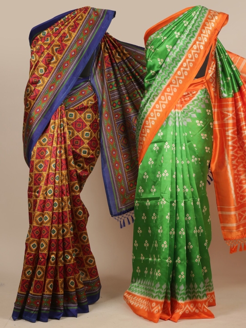 Pothys Set of 2 Maroon & Green Ethnic Motifs Jute Silk Sarees