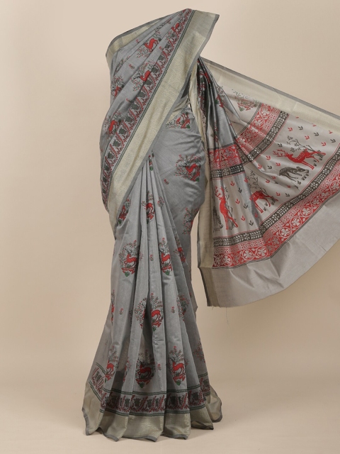 Pothys Grey & Red Floral Saree