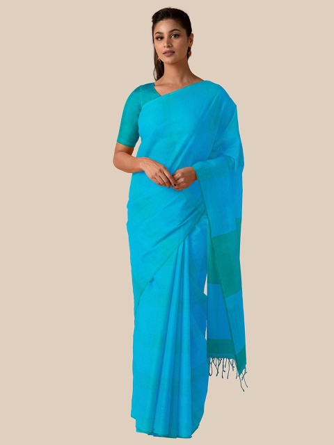 Taneira Blue & Green Woven Design Pure Cotton Taant Saree