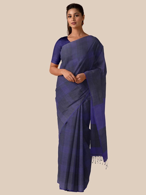 Taneira Blue & Black Checked Pure Cotton Taant Saree