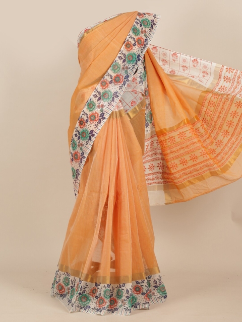 Pothys Orange & White Floral Saree