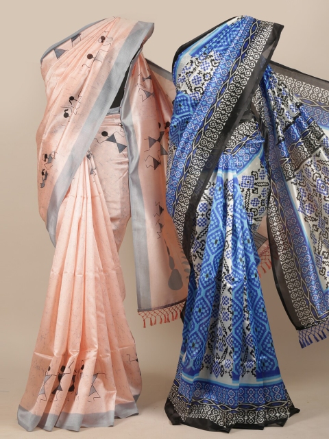 Pothys Pack Of 2 Pink & Blue Ethnic Motifs Printed Jute Silk Sarees