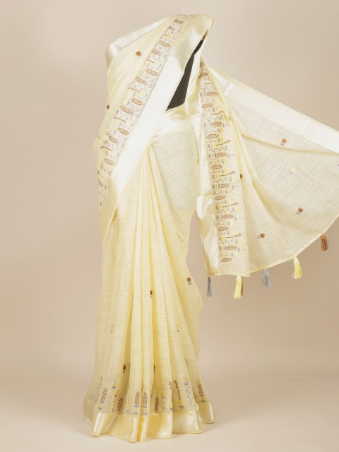 Pothys Women Cream Floral Embroidered Pure Cotton Saree