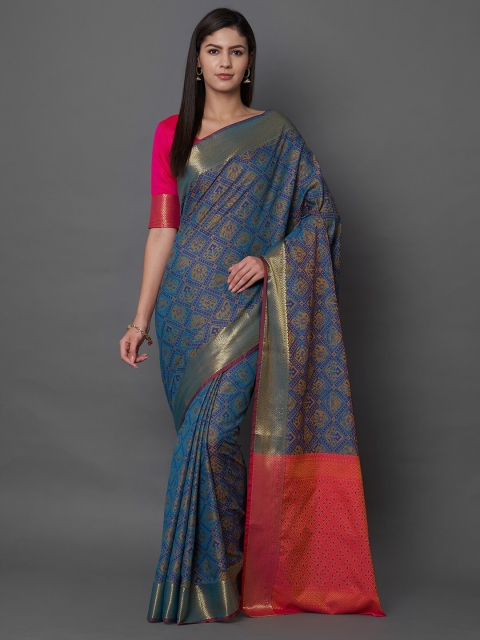 Mitera Navy Blue & Pink Ethnic Motifs Zari Silk Blend Banarasi Saree