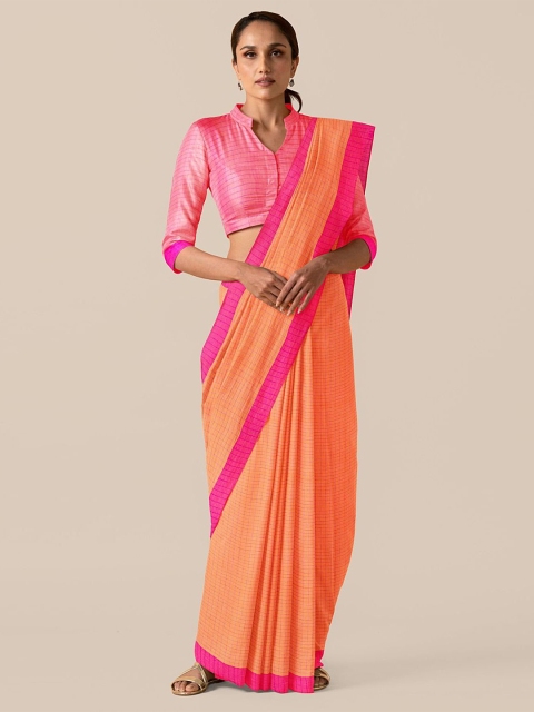 Taneira Orange & Pink Checked Pure Cotton Taant Saree