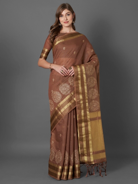 Mitera Brown & Gold-Toned Ethnic Motifs Zari Silk Blend Saree