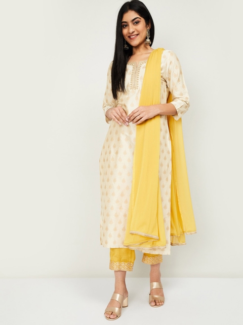 Melange by Lifestyle Women Beige & Yellow Ethnic Printed Kurta with Trousers & Dupatta