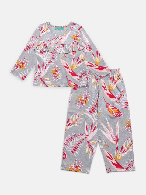 Tiara Girls Grey Printed Cotton Night suit