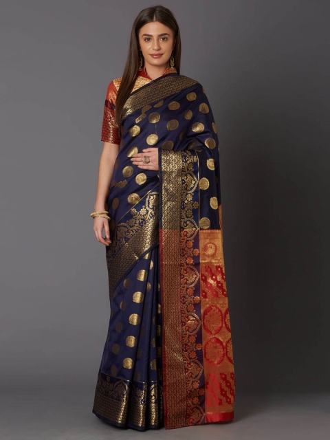 Mitera Navy Blue & Red Ethnic Motifs Zari Silk Blend Saree