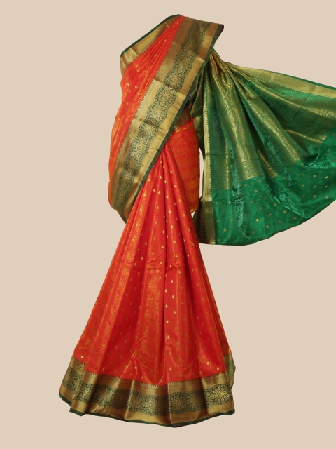 Pothys Orange & Gold-Toned Ethnic Motifs Satin Banarasi Saree