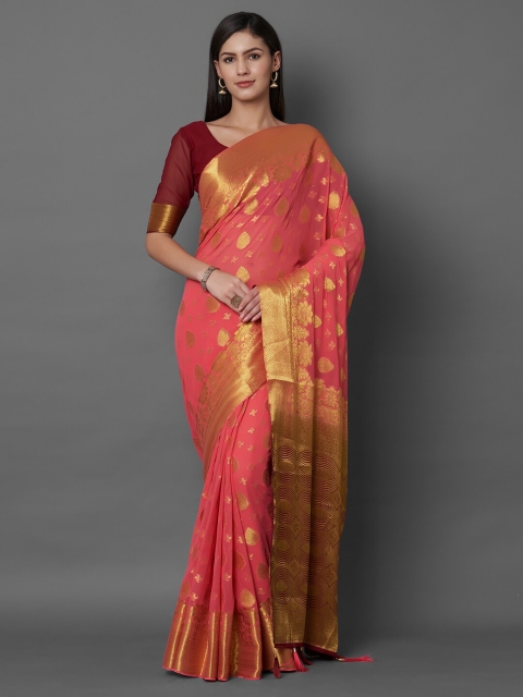 Mitera Pink & Gold-Toned Poly Georgette Woven Design Zari Saree