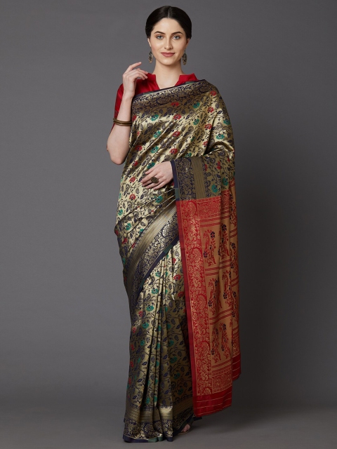 Mitera Gold & Navy Blue Woven Design Zari Silk Blend Banarasi Saree