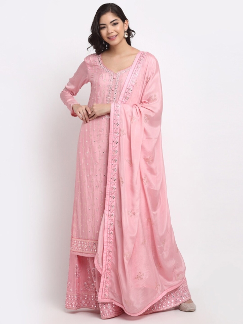 Stylee LIFESTYLE Pink & Cream-Coloured Embroidered Semi-Stitched Dress Material