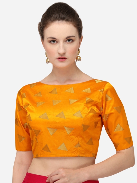 Fab Dadu Women Orange & Gold-Coloured Printed Silk Saree Blouse
