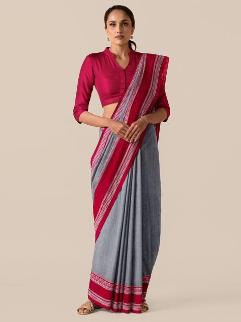 Taneira Women Grey & Red Begumpur Cotton Saree