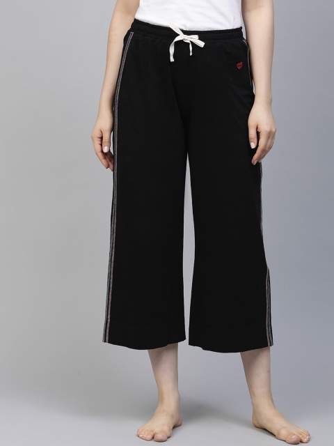 Chemistry Women Black Solid Cropped Pure Cotton Pyjamas