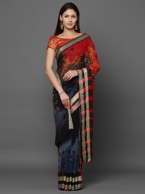 Mitera Grey & Black Printed Saree