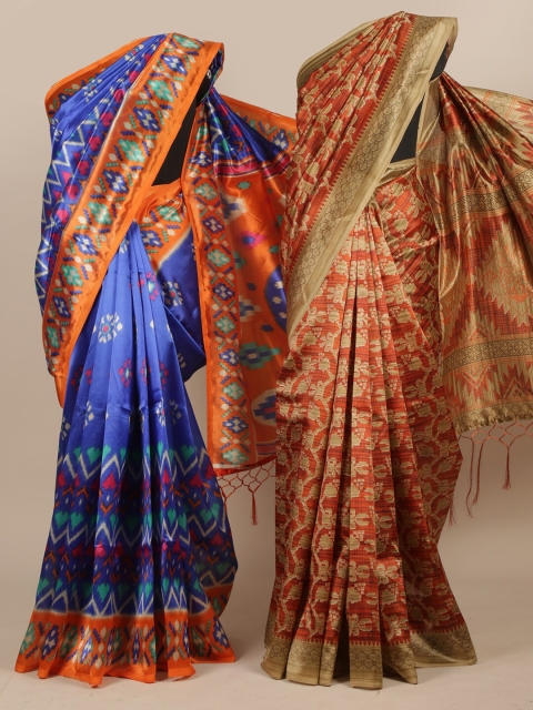 Pothys Pack of 2 Blue & Orange Ethnic Motifs Jute Silk Saree