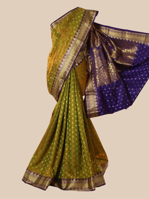 Pothys Green & Gold-Toned Woven Design Satin Banarasi Saree