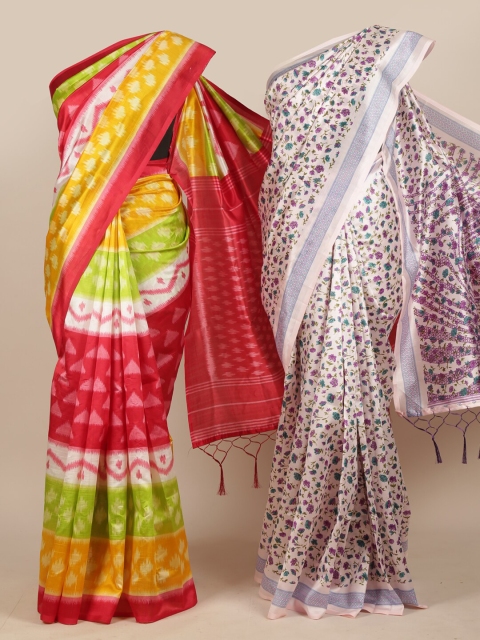 Pothys Pack of 2 Multi & Red Floral & Printed Jute Silk Sarees
