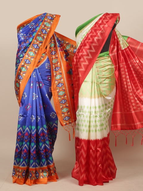 Pothys Blue & Coral Ethnic Motifs Jute Silk Saree