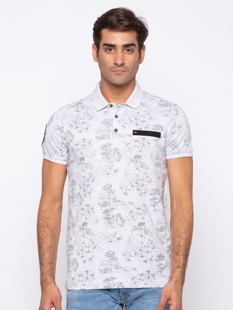 SPYKAR Men Grey Floral Printed Polo Collar Slim Fit T-shirt