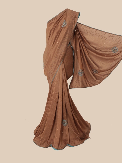 Pothys Brown & Blue Floral Beads and Stones Art Silk Saree