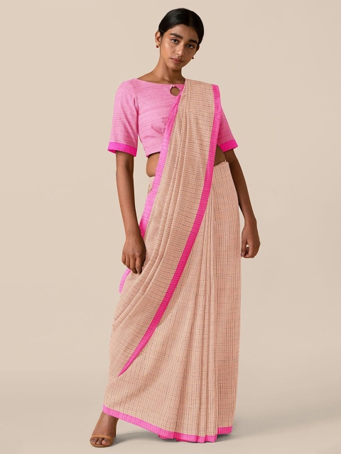 Taneira Beige & Pink Checked Pure Bengal Cotton Taant Saree