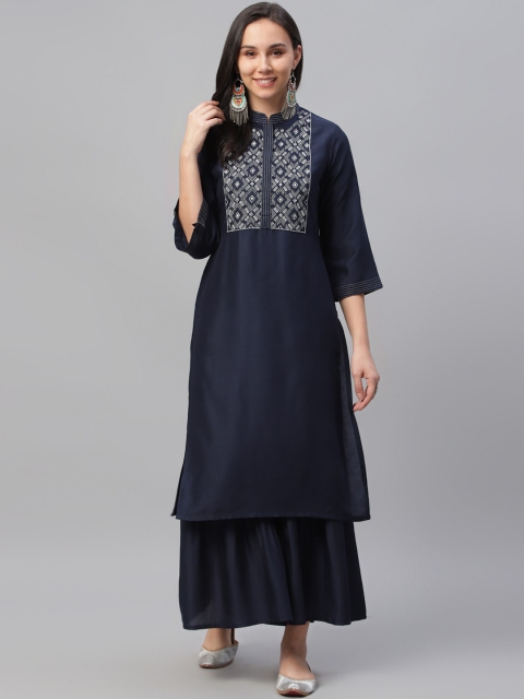 Libas Women Blue Yoke Design Yoke Design Flared Sleeves Thread Work Crepe Kurta