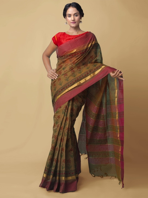 Unnati Silks Brown Ethnic Motifs Handloom Pure Cotton Sustainable Mangalagiri Saree