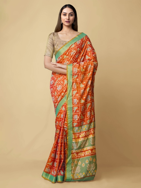 Unnati Silks Orange & Green Ethnic Motifs Art Silk Patola Saree